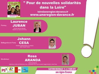 Laurence JUBAN Johann CESA Rosa  ARANDA Chef de service éducatif, Adjointe au maire de Firminy Assistant parlementaire du sénateur  Jean-Claude Frecon Chef d’entreprise,  Adjointe au maire de Montbrison,Vice –présidente de la communauté d’agglomération Loire-Forez Montbrison Bellegarde-en-Forez Firminy 