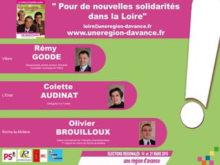 Colette  AUDINAT Rémy GODDE Olivier BROUILLOUX Responsable achats secteur industriel Conseiller municipal de Villars Déléguée à la Tutelle Cadre commercial de l’industrie pharmaceutique, 1 er  adjoint au maire de Roche-la-Molière Roche-la-Molière L’Etrat Villars 