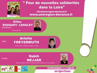 Gilles  ROSSARY- LENGLET Arlette  FREYERMUTH Nabih NEJJAR Auto-entrepreneur Écrivain public, Conseillère municipale  de Mably Maître de conférence, Adjoint au maire de Riorges délégué au TIC et citoyenneté Riorges Mably Saint-Etienne 
