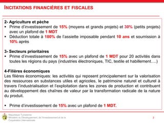 République Tunisienne
Ministère du Développement, de l'Investissement et de la
Coopération Internationale
138
7
INCITATIONS FINANCIÈRES ET FISCALES
2- Agriculture et pèche
 Prime d’investissement de 15% (moyens et grands projets) et 30% (petits projets)
avec un plafond de 1 MDT
 Déduction totale à 100% de l’assiette imposable pendant 10 ans et soumission à
10% après
3- Secteurs prioritaires
 Prime d’investissement de 15% avec un plafond de 1 MDT pour 20 activités dans
toutes les régions du pays (industries électroniques, TIC, textile et habillement….)
4-Filières économiques
Les filières économiques: les activités qui reposent principalement sur la valorisation
des ressources en substances utiles et agricoles, le patrimoine naturel et culturel à
travers l’industrialisation et l’exploitation dans les zones de production et contribuent
au développement des chaînes de valeur par la transformation radicale de la nature
du produit.
 Prime d’investissement de 15% avec un plafond de 1 MDT.
 