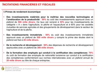 République Tunisienne
Ministère du Développement, de l'Investissement et de la
Coopération Internationale
138
8
INCITATIONS FINANCIÈRES ET FISCALES
5-Primes de rendement économique
• Des investissements matériels pour la maîtrise des nouvelles technologies et
l’amélioration de la productivité : 50% du coût des investissements approuvé avec un
plafond de 500 mille dinars. Ce taux est ramené à 55% pour les investissements de
catégorie « A » dans l’agriculture, la pêche et l’aquaculture et à 60% pour les sociétés
mutuelles de services agricoles et des groupements de développement dans le secteur de
l'agriculture et de la pêche.
• Des investissements immatériels : 50% du coût des investissements immatériels
approuvé avec un plafond de 500 mille dinars y compris la prime des études dont le
plafond est fixé à 20 mille dinars.
• De la recherche et développement : 50% des dépenses de recherche et développement
approuvées avec un plafond de 300 mille dinars.
• De la formation des employés qui conduit à la certification des compétences: 70%
du coût de formation des employés de nationalité tunisienne qui conduit à la certification
des compétences conformément aux normes internationales avec un plafond annuel de
20 mille dinars au titre de chaque entreprise.
 