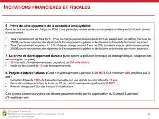République Tunisienne
Ministère du Développement, de l'Investissement et de la
Coopération Internationale
138
9
INCITATIONS FINANCIÈRES ET FISCALES
6- Prime de développement de la capacité d’employabilité:
Prime au titre de la prise en charge par l’Etat d’une partie des salaires versés aux employés tunisiens en fonction du niveau
d’encadrement :
• Taux d’encadrement de 10 à 15 % : Prise en charge pendant une année de 50% du salaire avec un plafond mensuel de
250DTpour le recrutement des diplômés de l’enseignement supérieur et les titulaire du brevet de technicien supérieur,
• Taux d’encadrement supérieur à 15 % : Prise en charge pendant 3 ans de 50% du salaire avec un plafond mensuel de
250DTpour le recrutement des diplômés de l’enseignement supérieur et les titulaire du brevet de technicien supérieur,
7- La prime de développement durable (lutte contre la pollution hydrique et atmosphérique, adoption des
technologies propres)
• 50% du coût d’investissement avec un plafond de 300 mille dinars.
• Impôt sur les société de 10% de façon permanente,
8- Projets d’intérêt national (Coût d’investissement supérieur à 50 MDT OU minimum 500 emplois sur 3
ans)
• Déduction totale de 100% de l’assiette imposable sur une période pouvant atteindre 10 ans
• Prime d’investissement dans la limite du 1/3 du coût d’investissement plafonné à 30 MDT,
• Prise en charge par l’Etat des travaux d’infrastructure
Ces primes seront octroyées par décret gouvernemental après approbation du Conseil Supérieur
d’Investissement
 