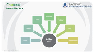 Infos (Added Data)
© adremes GmbH & Co. KG - Hamburg
Added
Data
Wetter
Verkehr
Events
Grippewelle
Programm-
umfeld
VuMa
Planungsdaten
 