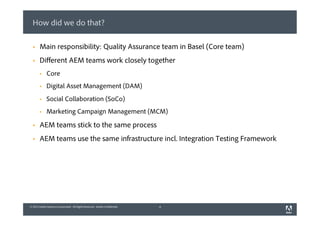 © 2013 Adobe Systems Incorporated. All Rights Reserved. Adobe Confidential.© 2013 Adobe Systems Incorporated. All Rights Reserved. Adobe Confidential.
How did we do that?
4
§  Main responsibility: Quality Assurance team in Basel (Core team)
§  Diﬀerent AEM teams work closely together
§  Core
§  Digital Asset Management (DAM)
§  Social Collaboration (SoCo)
§  Marketing Campaign Management (MCM)
§  AEM teams stick to the same process
§  AEM teams use the same infrastructure incl. Integration Testing Framework
 