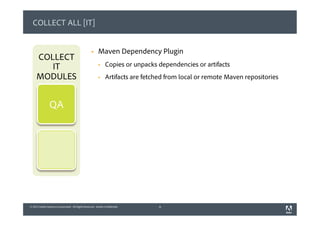 © 2013 Adobe Systems Incorporated. All Rights Reserved. Adobe Confidential.© 2013 Adobe Systems Incorporated. All Rights Reserved. Adobe Confidential.
COLLECT ALL [IT]
§  Maven Dependency Plugin
§  Copies or unpacks dependencies or artifacts
§  Artifacts are fetched from local or remote Maven repositories
8
COLLECT
IT
MODULES
QA
 