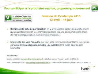 Session de Printemps 2015
13 avril – 14 juin
Pour participer à la prochaine session, proposée gracieusement
Remplissez la fiche de participation en y précisant les parties du questionnaire
qui vous intéressent et les informations destinées à sa personnalisation (nom
de votre site/application, nom de votre marque…)
Intégrez le lien vers l’enquête qui vous sera communiqué par Harris Interactive
sur votre site ou application mobile ou tablette de la façon dont vous le
souhaitez
Vos contacts :
Nicolas LEMAIRE nlemaire@harrisinteractive.fr - Chef de Marché France – au 01 44 87 60 85
Jean-Laurent BOUVERET jlbouveret@harrisinteractive.fr – Directeur NetObserver Europe – au 01 44 87 60 57
© Harris Interactive
 