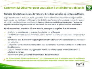 Comment M-Observer peut vous aider à atteindre vos objectifs
© Harris Interactive
Nombre de téléchargements, de visiteurs, d’étoiles ou de clics ne sont pas suffisants
Juger de l’efficacité et du succès d’une application ou d’un site mobile uniquement au regard de son
audience, de son nombre de téléchargements, d’étoiles ou d’avis dans les stores ou encore des taux de
clic ou de transformation est insuffisant et d’autres éléments sont indispensables pour s’assurer de
répondre à l’évolution permanente des besoins de ses utilisateurs et parvenir ainsi à les fidéliser !
Quels que soient vos objectifs sur mobile, vous pourrez grâce à M-Observer :
Améliorer la connaissance et la compréhension de vos utilisateurs
Ecouter leurs besoins et leur démontrer, en leur donnant la parole, que vous tenez compte de leur
avis
Identifier les axes d’amélioration pour optimiser votre site/application en fonction des attentes de
vos utilisateurs
Comprendre les leviers de leur satisfaction pour accroître leur expérience utilisateur et renforcer le
lien à la marque
Mesurer l’impact de votre site/application mobile sur la construction ou consolidation de la
relation à la marque
Déterminer le profil général de consommation de vos utilisateurs
En étant comparés à la norme M-Observer®, ces KPI vous permettront de mettre en regard le profil de vos
utilisateurs et les performances de votre site/application mobile avec celles de votre univers concurrentiel
 