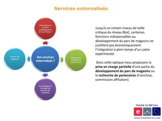 Services externalisés



                Jusqu’à un certain niveau de taille
                critique du réseau BtoC, certaines
                fonctions indispensables au
                développement du parc de magasins ne
                justifient pas économiquement
                l’intégration à plein temps d’un cadre
                expérimenté.

                 Dans cette optique nous proposons la
                prise en charge partielle d’une partie du
                développement du parc de magasins ou
                la recherche de partenaires (Franchise,
                commission affiliation)
 