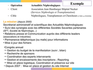 Opération  Actualités Néphrologiques   Client Association Jean Hamburger Hôpital Necker   ( Services Néphrologie et Transplantation ) Cible  Néphrologues, Transplanteurs et Chercheurs  (CNRS ou INSERM) La mission  (depuis 2000) Secrétariat administratif et scientifique des Actualités Néphrologiques: Suivi des synergies avec les différentes Sociétés Savantes partenaires  (SFT, Société de Néphrologie...) Relations presse et Communication auprès des différents leaders  (associations et industries) Permanence téléphonique (ou mails) pour informations Mise à jour des fichiers Exemple Congrès annuel Gestion du budget de la manifestation (suivi ; bilan) Recherche de sponsors Coordination des experts intervenants Gestion et encaissements des inscriptions ; Reporting Mise en place logistique, Coordination et présence sur site Depuis 2007 :  Mise en place et gestion du site Internet 