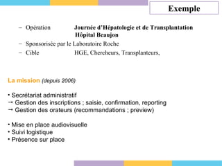 Opération  Journée d’Hépatologie et de Transplantation    Hôpital Beaujon Sponsorisée par le Laboratoire Roche Cible  HGE, Chercheurs, Transplanteurs,  La mission  (depuis 2006)   Secrétariat administratif  Gestion des inscriptions ; saisie, confirmation, reporting Gestion des orateurs (recommandations ; preview) Mise en place audiovisuelle Suivi logistique Présence sur place Exemple 
