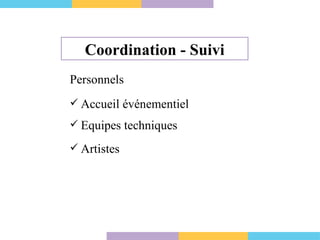 Coordination - Suivi Personnels Equipes techniques Accueil événementiel Artistes 