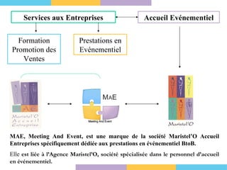 MAE, Meeting And Event, est une marque de la société Maristel’O Accueil Entreprises spécifiquement dédiée aux prestations en événementiel BtoB.  Elle  est liée à l’Agence Maristel’O, société spécialisée dans le personnel d’accueil en événementiel .  Services aux Entreprises Accueil Evénementiel Prestations en Evénementiel Formation Promotion des Ventes 