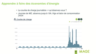 16
• La courbe de charge journalière -> qu’observez-vous ?
• Journée de WE, absence jusqu’à 19h, frigo et talon de consommation
24/24
Apprendre à faire des économies d’énergie
 
