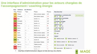 24• Interface d’administration depuis la liste de tous les clients
Une interface d’administration pour les acteurs chargées de
l’accompagnement / coaching énergie
 