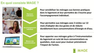5
En quoi consiste MAGE ?
Pour sensibiliser les ménages aux bonnes pratiques
dans le logement et leur permettre de s’inscrire pour
l’accompagnement individuel.
Pour permettre aux ménages avec 3 visites sur 12
mois d’adopter des éco gestes et de réduire
durablement leurs consommations d’énergie et d’eau.
Pour apporter aux ménages grâce à l’instrumentation
du logement un suivi de leurs consommations au
quotidien, mais aussi pour évaluer précisément
l’impact de l’action.
 
