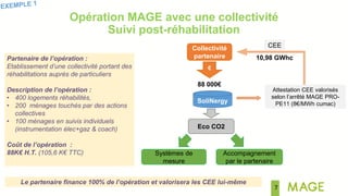 7
Collectivité
partenaire
Accompagnement
par le partenaire
Systèmes de
mesure
€
Attestation CEE valorisés
selon l’arrêté MAGE PRO-
PE11 (8€/MWh cumac)
CEE
10,98 GWhc
SoliNergy
Eco CO2
88 000€
Partenaire de l’opération :
Etablissement d’une collectivité portant des
réhabilitations auprès de particuliers
Description de l’opération :
• 400 logements réhabilités,
• 200 ménages touchés par des actions
collectives
• 100 ménages en suivis individuels
(instrumentation élec+gaz & coach)
Coût de l’opération :
88K€ H.T. (105,6 K€ TTC)
Opération MAGE avec une collectivité
Suivi post-réhabilitation
Le partenaire finance 100% de l’opération et valorisera les CEE lui-même
 