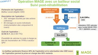 8
31 K€ H.T.
Bailleurs social
partenaire
Accompagneent
Systèmes de
mesure
40
%
Attestation CEE valorisés
selon l’arrêté MAGE PRO-
PE11 (8€/MWh cumac)
CEE
6,44 GWhc
SoliNergy
Eco CO2
21 K€ H.T.
Partenaire de l’opération :
Bailleur social (éligible CEE)
Description de l’opération :
• 200 ménages touchés par des actions
collectives
• 80 ménages en suivis individuels
(instrumentation élec uniquement &
coach)
Coût de l’opération :
52 K€ H.T. (62,4 K€ TTC)
Possibilité de valoriser le reste à charge au
titre de l’exonération de TFPB si secteur
QPV
Opération MAGE avec un bailleur social
Suivi post-réhabilitation
Le bailleur partenaire finance 40% de l’opération et la valorisation des CEE issus
de l’opération permet la prise en charge des 60% restants
Obligé partenaire
MAGE
60
%
Accompagnement
par association locale
 