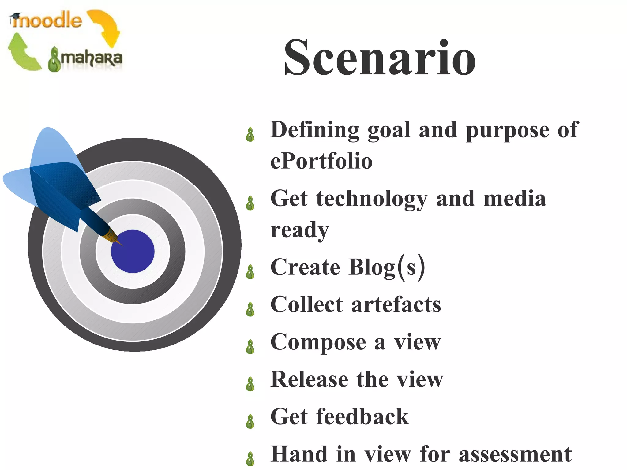 Defining goal and purpose of ePortfolio Get technology and media ready Create Blog(s) Collect artefacts  Compose a view Release the view Get feedback Hand in view for assessment Assessment of view Scenario 