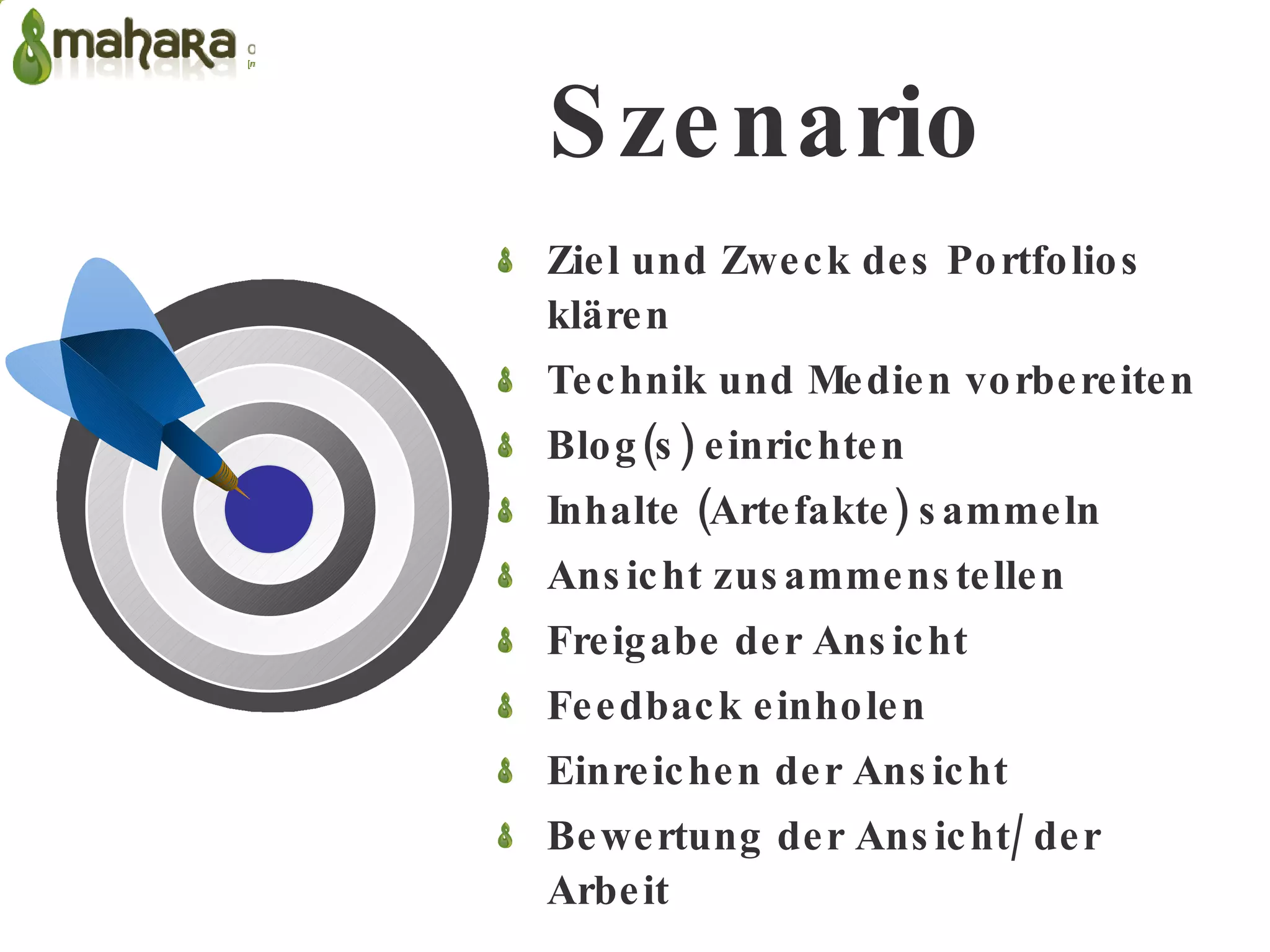 Ziel und Zweck des Portfolios klären Technik und Medien vorbereiten Blog(s) einrichten Inhalte (Artefakte) sammeln  Ansicht zusammenstellen Freigabe der Ansicht Feedback einholen Einreichen der Ansicht Bewertung der Ansicht/ der Arbeit Szenario 