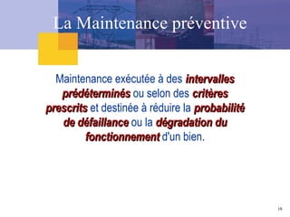 16
La Maintenance préventive
Maintenance exécutée à des intervalles
intervalles
prédéterminés
prédéterminés ou selon des critères
critères
prescrits
prescrits et destinée à réduire la probabilité
probabilité
de défaillance
de défaillance ou la dégradation du
dégradation du
fonctionnement
fonctionnement d'un bien.
 