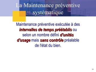 18
Maintenance préventive exécutée à des
intervalles de temps préétablis
intervalles de temps préétablis ou
selon un nombre défini d'unités
d'unités
d'usage
d'usage mais sans contrôle
sans contrôle préalable
de l'état du bien.
La Maintenance préventive
systématique
 
