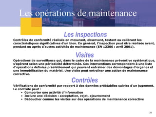 26
Les inspections
Contrôles de conformité réalisés en mesurant, observant, testant ou calibrant les
caractéristiques significatives d’un bien. En général, l’inspection peut être réalisée avant,
pendant ou après d’autres activités de maintenance (EN 13306 : avril 2001).
Visites
Opérations de surveillance qui, dans le cadre de la maintenance préventive systématique,
s’opèrent selon une périodicité déterminée. Ces interventions correspondent à une liste
d’opérations définies préalablement qui peuvent entraîner des démontages d’organes et
une immobilisation du matériel. Une visite peut entraîner une action de maintenance
corrective.
Contrôles
Vérifications de conformité par rapport à des données préétablies suivies d’un jugement.
Le contrôle peut :
• Comporter une activité d’information
• Inclure une décision : acceptation, rejet, ajournement
• Déboucher comme les visites sur des opérations de maintenance corrective
Les opérations de maintenance
 