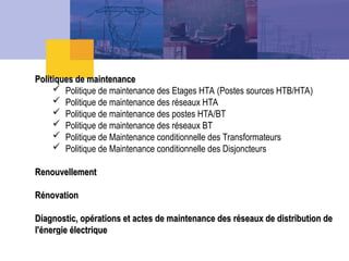 Politiques de maintenance
Politiques de maintenance
 Politique de maintenance des Etages HTA (Postes sources HTB/HTA)
 Politique de maintenance des réseaux HTA
 Politique de maintenance des postes HTA/BT
 Politique de maintenance des réseaux BT
 Politique de Maintenance conditionnelle des Transformateurs
 Politique de Maintenance conditionnelle des Disjoncteurs
Renouvellement
Renouvellement
Rénovation
Rénovation
Diagnostic, opérations et actes de maintenance des réseaux de distribution de
Diagnostic, opérations et actes de maintenance des réseaux de distribution de
l'énergie électrique
l'énergie électrique
 