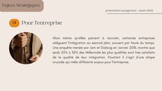 01
Enjeux Stratégiques
présentation management - année 2024
Pour l’entreprise
Alors même qu’elles peinent à recruter, certaines entreprises
relèguent l’intégration au second plan, souvent par faute du temps.
Une enquête menée par Jam et Dialoog en Janvier 2018, montre que
seuls 25% à 35% des Millennials les plus qualifiés sont trés satisfaits
de la qualité de leur intégration. Pourtant il s’agit d’une étape
cruciale qui mêle différents enjeux pour l’entreprise.
 