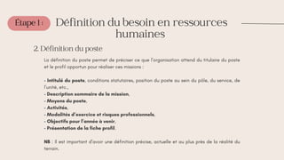 Étape 1 : Définition du besoin en ressources
humaines
2. Définition du poste
La définition du poste permet de préciser ce que l’organisation attend du titulaire du poste
et le profil opportun pour réaliser ces missions :
− Intitulé du poste, conditions statutaires, position du poste au sein du pôle, du service, de
l’unité, etc.,
− Description sommaire de la mission,
− Moyens du poste,
− Activités,
− Modalités d’exercice et risques professionnels,
− Objectifs pour l’année à venir,
− Présentation de la fiche profil.
NB : Il est important d’avoir une définition précise, actuelle et au plus près de la réalité du
terrain.
 