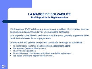 LA MARGE DE SOLVABILITE
                           Bref Rappel de la Règlementation




     L’ordonnance 95-07 relative aux assurances, modifiée et compétée, impose
     aux sociétés d’assurance d’avoir une solvabilité suffisante.
     La marge de solvabilité est définie comme étant une garantie supplémentaire
     destinée à renforcer leurs engagements.
     Le décret 95-343 précise de quoi est constituée la marge de solvabilité :
        le capital social (ou fonds d’établissement) entièrement libéré ;
        les réserves (réglementées ou non) ;
        la provision de garantie ;
        la provision pour complément obligatoire aux dettes techniques ;
        les autres provisions (réglementées ou non).




24
 
