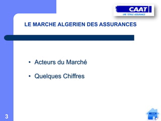 LE MARCHE ALGERIEN DES ASSURANCES




     • Acteurs du Marché

     • Quelques Chiffres




3
 