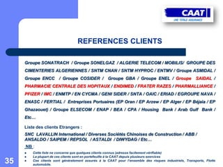 REFERENCES CLIENTS

     Groupe SONATRACH / Groupe SONELGAZ / ALGERIE TELECOM / MOBILIS/ GROUPE DES
     CIMENTERIES ALGERIENNES / SNTM CNAN / SNTM HYPROC / ENTMV / Groupe ASMIDAL /
     Groupe ENCC        / Groupe COSIDER /          Groupe GBA / Groupe ENEL / Groupe                   SAIDAL /
     PHARMACIE CENTRALE DES HOPITAUX / ENDIMED / FRATER RAZES / PHARMALLIANCE /
     PFIZER / IMC / ENMTP / EN CYCMA / GENI SIDER / SNTA / OAIC / ERIAD / EGROUPE NAVA /
     ENASC / FERTIAL / Entreprises Portuaires (EP Oran / EP Arzew / EP Alger / EP Béjaia / EP
     Ghazaouet) / Groupe ELSECOM / ENAP / BEA / CPA / Housing Bank / Arab Gulf Bank /
     Etc…

     Liste des clients Etrangers :
     SNC LAVALLIN International / Diverses Sociétés Chinoises de Construction / ABB /
     ANSALDO / SAIPEM / REPSOL / ASTALDI / DIWYDAG / Etc…
     NB :
        Cette liste ne concerne que quelques clients connus (adresse facilement vérifiable)
        La plupart de ces clients sont en portefeuille à la CAAT depuis plusieurs exercices
35      Ces clients sont généralement assurés à la CAAT pour l’ensemble des risques industriels, Transports, Flotte
         automobile.
 