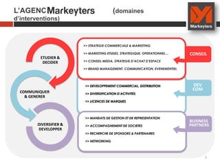 L’AGENCE                                 (domaines
d’interventions)



                        >> STRATEGIE COMMERCIALE & MARKETING

                        >> MARKETING ETUDES, STRATEGIQUE, OPERATIONNEL…    CONSEIL
         ETUDIER &
          DECIDER       >> CONSEIL MEDIA, STRATEGIE D’ACHAT D’ESPACE

                        >> BRAND MANAGEMENT, COMMUNICATION, EVENEMENTIEL




                         >> DEVELOPPEMENT COMMERCIAL, DISTRIBUTION          DEV
                                                                            COM
  COMMUNIQUER            >> DIVERSIFICATION D’ACTIVITES
    & GENERER
                         >> LICENCES DE MARQUES




                         >> MANDATS DE GESTION ET DE REPRESENTATION
                                                                           BUSINESS
        DIVERSIFIER &    >> ACCOMPAGNEMENT DE SOCIETES                     PARTNERS
        DEVELOPPER
                         >> RECHERCHE DE SPONSORS & PARTENAIRES

                         >> NETWORKING




                                                                                  2
 