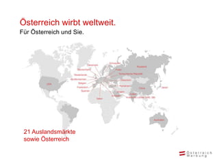 Österreich wirbt weltweit.
Für Österreich und Sie.




 21 Auslandsmärkte
 sowie Österreich
 