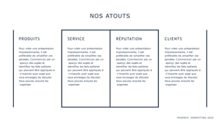 PHOENIX :MARKETING 2020
NOS ATOUTS
PRODUITS
Pour créer une présentation
impressionnante, il est
préférable de simplifier vos
pensées. Commencez par un
aperçu des sujets et
identifiez les faits saillants
qui peuvent être appliqués à
n'importe quel sujet que
vous envisagez de discuter.
Vous pouvez ensuite les
organiser.
SERVICE
Pour créer une présentation
impressionnante, il est
préférable de simplifier vos
pensées. Commencez par un
aperçu des sujets et
identifiez les faits saillants
qui peuvent être appliqués à
n'importe quel sujet que
vous envisagez de discuter.
Vous pouvez ensuite les
organiser.
RÉPUTATION
Pour créer une présentation
impressionnante, il est
préférable de simplifier vos
pensées. Commencez par un
aperçu des sujets et
identifiez les faits saillants
qui peuvent être appliqués à
n'importe quel sujet que
vous envisagez de discuter.
Vous pouvez ensuite les
organiser.
CLIENTS
Pour créer une présentation
impressionnante, il est
préférable de simplifier vos
pensées. Commencez par un
aperçu des sujets et
identifiez les faits saillants
qui peuvent être appliqués à
n'importe quel sujet que
vous envisagez de discuter.
Vous pouvez ensuite les
organiser.
 