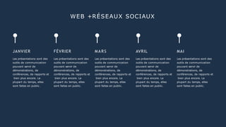 WEB +RÉSEAUX SOCIAUX
JANVIER
Les présentations sont des
outils de communication
pouvant servir de
démonstrations, de
conférences, de rapports et
bien plus encore. La
plupart du temps, elles
sont faites en public.
FÉVRIER
Les présentations sont des
outils de communication
pouvant servir de
démonstrations, de
conférences, de rapports et
bien plus encore. La
plupart du temps, elles
sont faites en public.
MARS
Les présentations sont des
outils de communication
pouvant servir de
démonstrations, de
conférences, de rapports et
bien plus encore. La
plupart du temps, elles
sont faites en public.
AVRIL
Les présentations sont des
outils de communication
pouvant servir de
démonstrations, de
conférences, de rapports et
bien plus encore. La
plupart du temps, elles
sont faites en public.
MAI
Les présentations sont des
outils de communication
pouvant servir de
démonstrations, de
conférences, de rapports et
bien plus encore. La
plupart du temps, elles
sont faites en public.
PHOENIX :MARKETING 2020
 