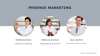 PHOENIX MARKETING
PHOENIX :MARKETING 2020
PIERRE DUFOUR
Directeur du Marketing
RÉBECCA DUFOUR
Responsable de la Publicité
PAUL MARTIN
Responsable des Relations Publiques
 