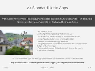 2.1 Standardisierte Apps 
Von Kassensystemen, Projektplanungstools bis Kommunikationshilfe – in den App- 
Stores existiert eine Vielzahl an fertigen Business-Apps 
_ aus den App Stores 
_ weitläufige Nutzung des Begriffs Business-App 
_ Suche nach der passenden App ist ein mühsamer Prozess 
_ fertige Apps beinhalten meist eine Hauptfunktion 
_ teilweise plattformunabhängig entwickelt 
_ fertige Apps richten sich an Kleinunternehmer mit kaum bis keinem 
Budget für Business-Apps 
_ Funktionalitäten sowie Design lassen sich nicht an das eigene 
Unternehmen anpassen 
Die Liste analysierter Apps aus dem App-Store erhalten Sie kostenfrei in unserer Publikation unter 
http://www.flyacts.com/ratgeber-business-apps-3-strategien-fuer-unternehmen 
2014 FLYACTS GmbH S. 7 
 