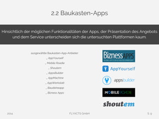 2.2 Baukasten-Apps 
Hinsichtlich der möglichen Funktionalitäten der Apps, der Präsentation des Angebots 
und dem Service unterscheiden sich die untersuchten Plattformen kaum. 
ausgewählte Baukasten-App-Anbieter: 
_ AppYourself 
_ Mobile Roadie 
_ Shoutem 
_ AppsBuilder 
_ AppMachine 
_ AppWerkstatt 
_ Baudeineapp 
_ Bizness Apps 
2014 FLYACTS GmbH S. 9 
 