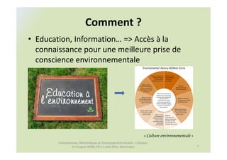 Comment ?
• Education, Information… => Accès à la
  connaissance pour une meilleure prise de
  conscience environnementale




                                                                     « Culture environnementale »
        Francophonies, Bibliothèques et Développement durable : Colloque
                 2e Congrès AIFBD, 09-11 août 2011, Martinique                                      5
 