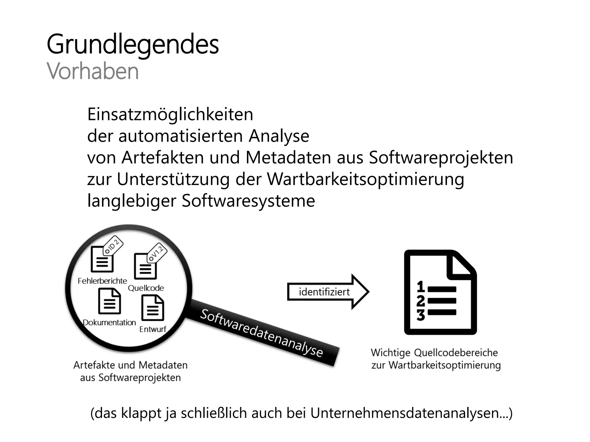 Grundlegendes
Vorhaben
Einsatzmöglichkeiten
der automatisierten Analyse
von Artefakten und Metadaten aus Softwareprojekten
zur Unterstützung der Wartbarkeitsoptimierung
langlebiger Softwaresysteme
(das klappt ja schließlich auch bei Unternehmensdatenanalysen...)
 