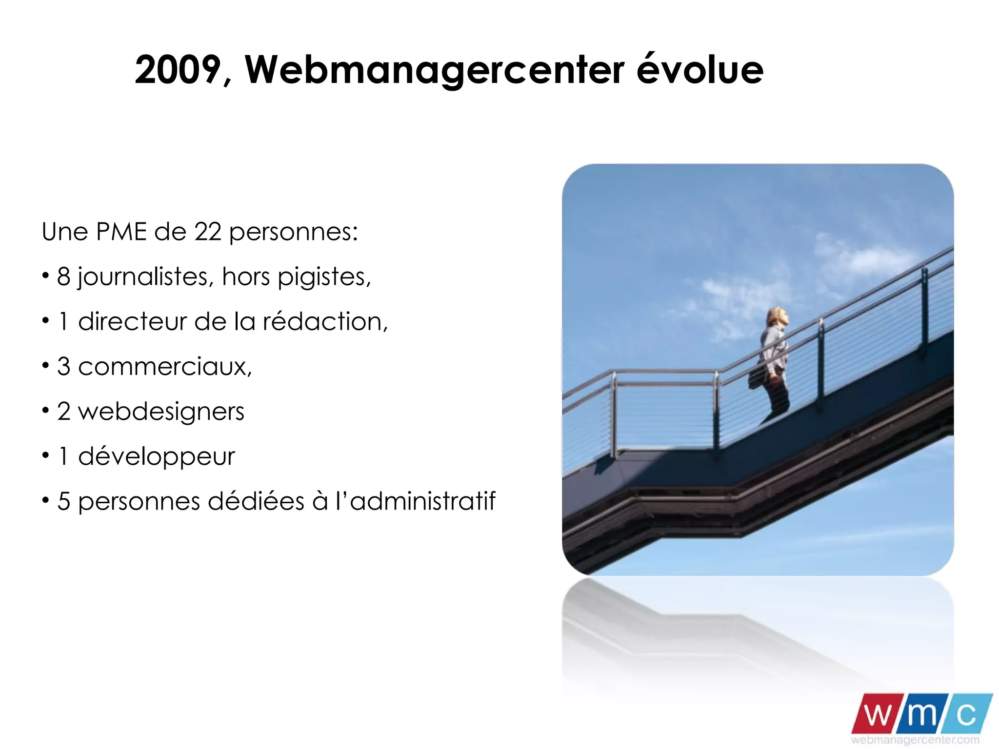 2009, Webmanagercenter évolue Une PME de 22 personnes: 8 journalistes, hors pigistes,  1 directeur de la rédaction,  3 commerciaux,  2 webdesigners  1 développeur 5 personnes dédiées à l’administratif 