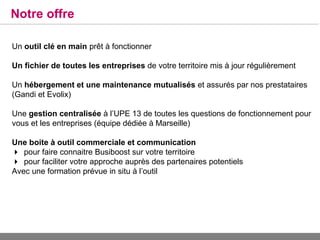 Notre offre

Un outil clé en main prêt à fonctionner

Un fichier de toutes les entreprises de votre territoire mis à jour régulièrement

Un hébergement et une maintenance mutualisés et assurés par nos prestataires
(Gandi et Evolix)

Une gestion centralisée à l’UPE 13 de toutes les questions de fonctionnement pour
vous et les entreprises (équipe dédiée à Marseille)

Une boite à outil commerciale et communication
pour faire connaitre Busiboost sur votre territoire
pour faciliter votre approche auprès des partenaires potentiels
Avec une formation prévue in situ à l’outil
 