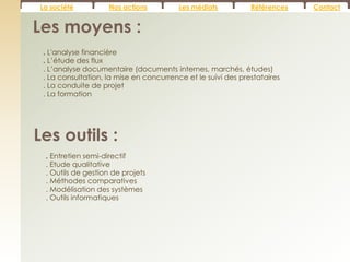 La société          Nos actions          Les médiats          Références   Contact


Les moyens :
 . L'analyse financière
 . L’étude des flux
 . L’analyse documentaire (documents internes, marchés, études)
 . La consultation, la mise en concurrence et le suivi des prestataires
 . La conduite de projet
 . La formation




Les outils :
 . Entretien semi-directif
 . Etude qualitative
 . Outils de gestion de projets
 . Méthodes comparatives
 . Modélisation des systèmes
 . Outils informatiques
 