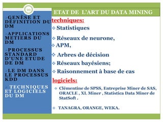 10
                         ETAT DE L’ART DU DATA MINING
G E N È S E E T
D É F I N I T I O N D U techniques:
DM                       Statistiques
A P P L I C A T I O N S
METIERS DU                  Réseaux de neurone,
DM
                            APM,
P R O C E S S U S
STANDARD                    Arbres de décision
D’UNE ETUDE
DE DM                       Réseaux bayésiens;
L E D M D A N S
              Raisonnement à base de cas
LE PROCESSUS
KDD          logiciels:
 TECHNIQUES   Clémentine de SPSS, Entreprise Miner de SAS,
ET LOGICIELS    ORACLE , XL Miner , Statistica Data Miner de
DU DM           StatSoft .

                            TANAGRA, ORANGE, WEKA.
 