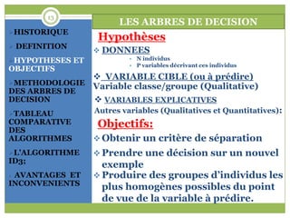 13
                       LES ARBRES DE DECISION
HISTORIQUE
                  Hypothèses
 DEFINITION
                  DONNEES
HYPOTHESES ET            • N individus
                          • P variables décrivant ces individus
OBJECTIFS
                  VARIABLE CIBLE (ou à prédire)
METHODOLOGIE
                 Variable classe/groupe (Qualitative)
DES ARBRES DE
DECISION          VARIABLES EXPLICATIVES
TABLEAU         Autres variables (Qualitatives et Quantitatives):
COMPARATIVE
DES
                 Objectifs:
ALGORITHMES       Obtenir un critère de séparation
L’ALGORITHME     Prendre une décision sur un nouvel
ID3;
                   exemple
AVANTAGES ET     Produire des groupes d’individus les
INCONVENIENTS
                   plus homogènes possibles du point
                   de vue de la variable à prédire.
 