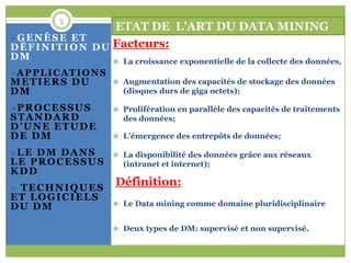 5
                        ETAT DE L’ART DU DATA MINING
G E N È S E E T
D É F I N I T I O N D U Facteurs:
DM                          La croissance exponentielle de la collecte des données,
A P P L I C A T I O N S
METIERS DU                  Augmentation des capacités de stockage des données
DM                           (disques durs de giga octets);

P R O C E S S U S          Prolifération en parallèle des capacités de traitements
STANDARD                     des données;
D’UNE ETUDE
DE DM                       L’émergence des entrepôts de données;

L E D M D A N S            La disponibilité des données grâce aux réseaux
LE PROCESSUS                 (intranet et internet);
KDD
 TECHNIQUES
                           Définition:
ET LOGICIELS
                            Le Data mining comme domaine pluridisciplinaire
DU DM

                            Deux types de DM: supervisé et non supervisé.
 