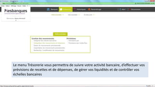 Le menu Trésorerie vous permettra de suivre votre activité bancaire, d’effectuer vos
prévisions de recettes et de dépenses, de gérer vos liquidités et de contrôler vos
échelles bancaires
 