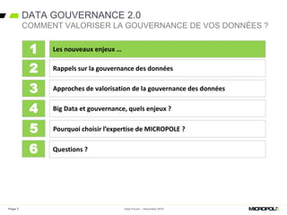 DATA GOUVERNANCE 2.0
Data Forum – Décembre 2015
COMMENT VALORISER LA GOUVERNANCE DE VOS DONNÉES ?
Les nouveaux enjeux …
Rappels sur la gouvernance des données
Approches de valorisation de la gouvernance des données
Big Data et gouvernance, quels enjeux ?
1
2
3
4
Pourquoi choisir l’expertise de MICROPOLE ?5
Questions ?6
Page 7
 