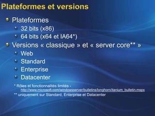 Plateformes
    32 bits (x86)
    64 bits (x64 et IA64*)
Versions « classique » et « server core** »
    Web
    Standard
    Enterprise
    Datacenter
* Rôles et fonctionnalités limités -
    http://www.microsoft.com/windowsserver/bulletins/longhorn/itanium_bulletin.mspx
** uniquement sur Standard, Enterprise et Datacenter
 